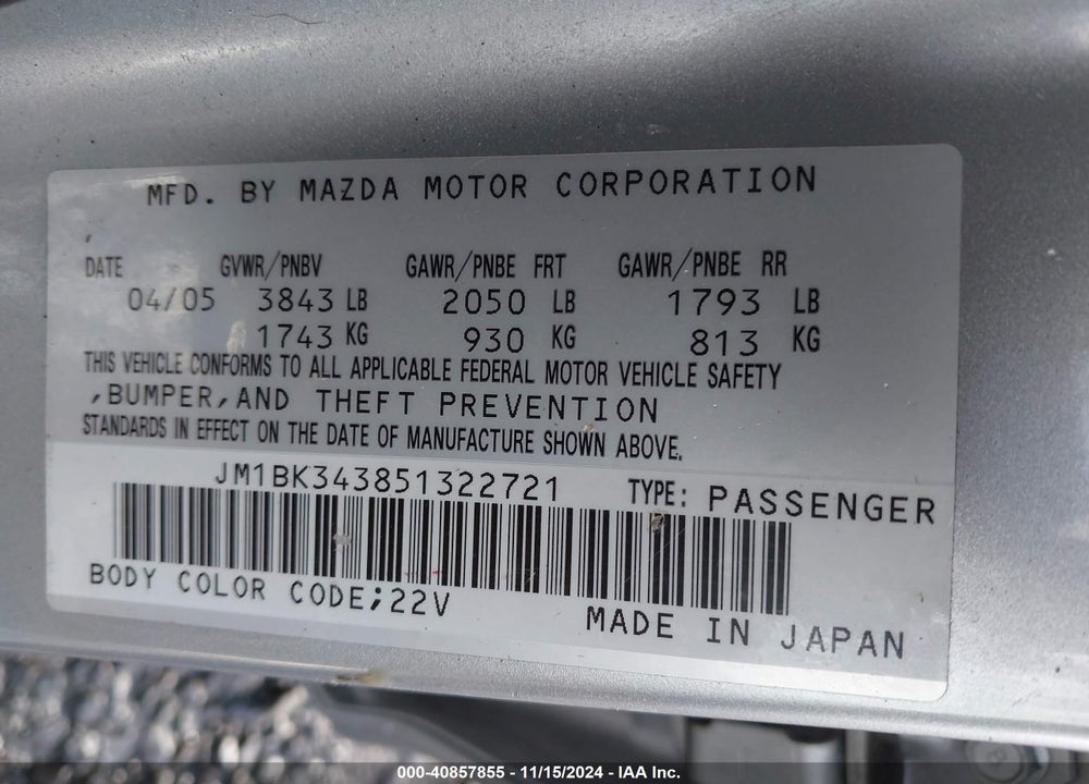 2005 MAZDA 3 S VIN: JM1BK343851322721
