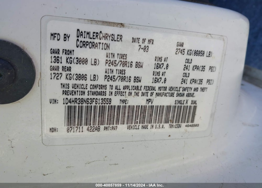 2003 DODGE DURANGO SPORT/SXT VIN: 1D4HR38N63F613559