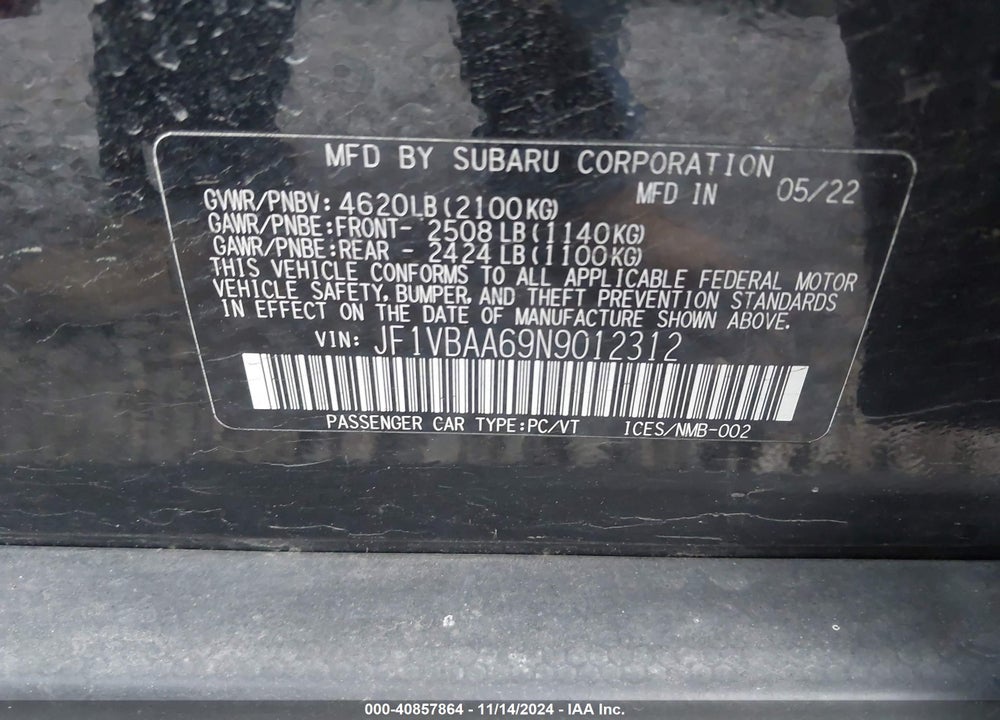 2022 SUBARU WRX VIN: JF1VBAA69N9012312