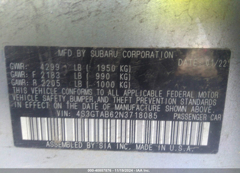2022 SUBARU IMPREZA BASE 5-DOOR VIN: 4S3GTAB62N3718085