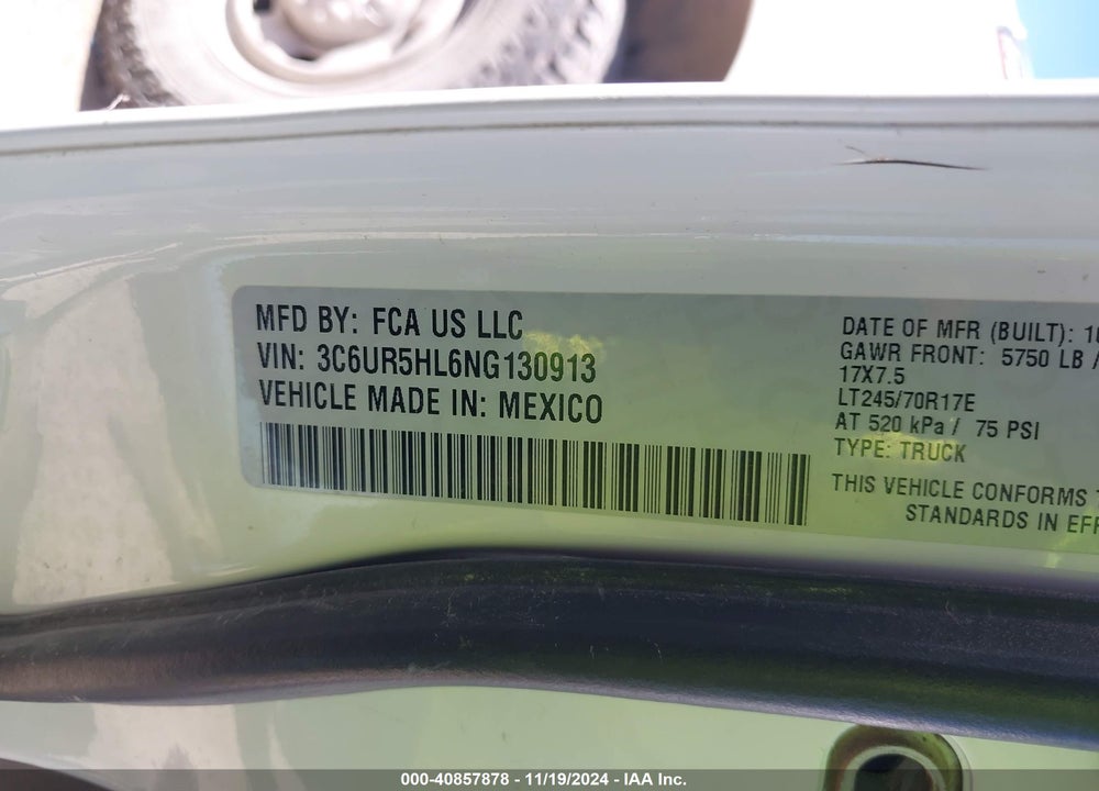 2022 RAM 2500 TRADESMAN 4X4 8' BOX VIN: 3C6UR5HL6NG130913