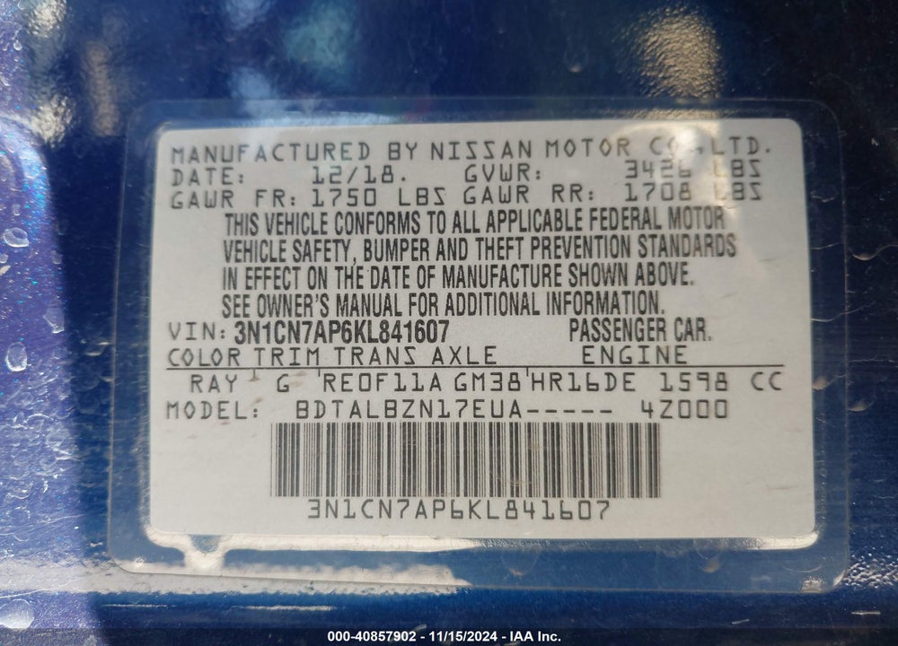 2019 NISSAN VERSA 1.6 SV VIN: 3N1CN7AP6KL841607