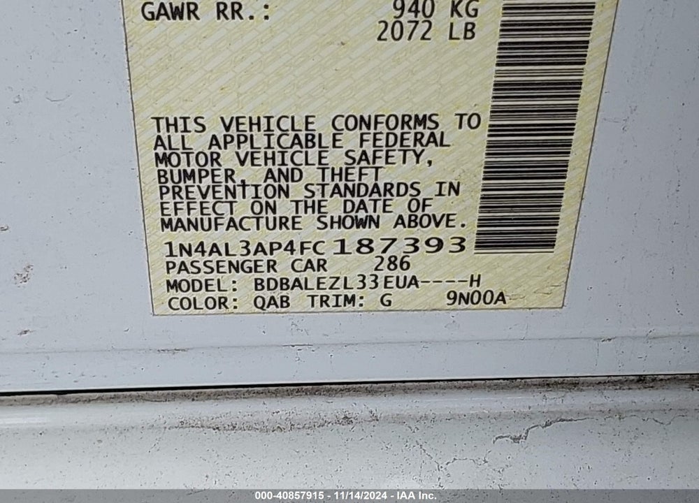 2015 NISSAN ALTIMA VIN: 1N4AL3AP4FC187393