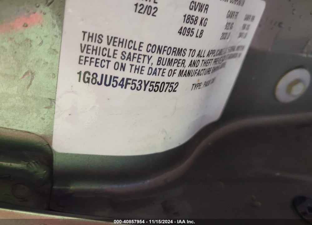 2003 SATURN L-SERIES L200 VIN: 1G8JU54F53Y550752