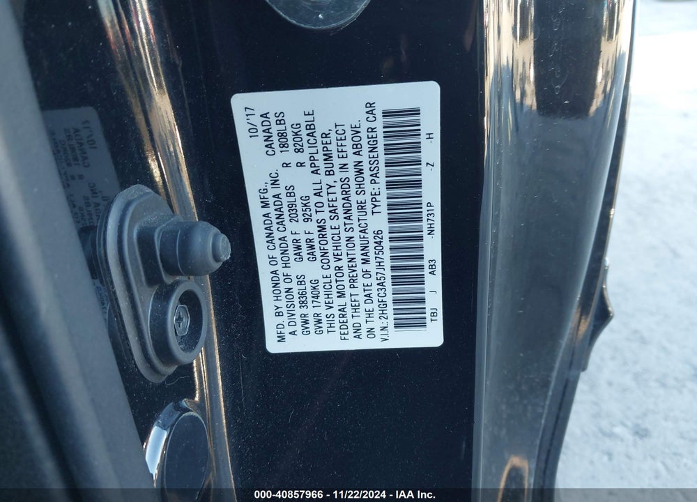 2018 HONDA CIVIC VIN: 2HGFC3A57JH750426