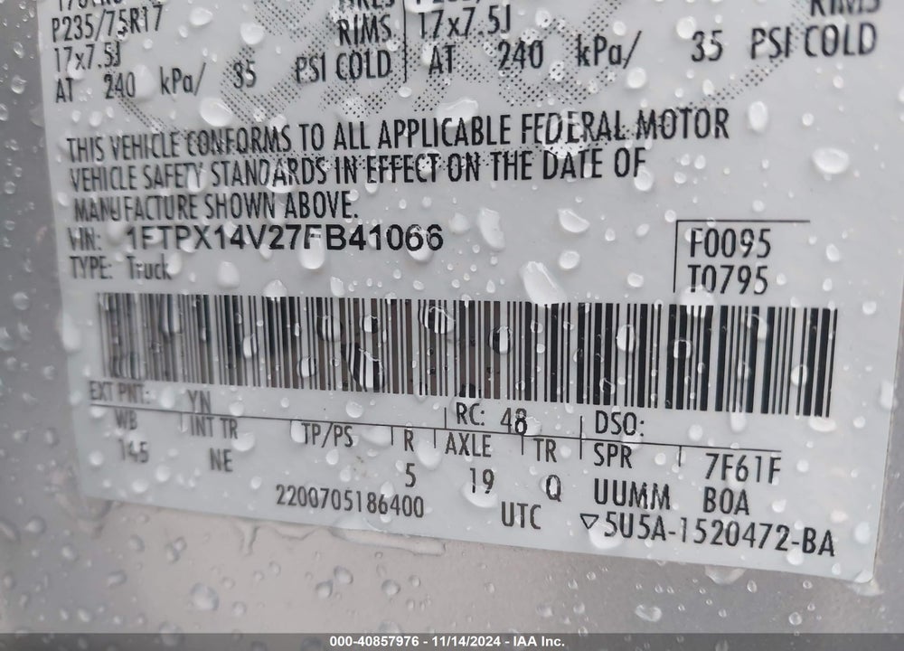 2007 FORD F-150 FX4/LARIAT/XL/XLT VIN: 1FTPX14V27FB41066