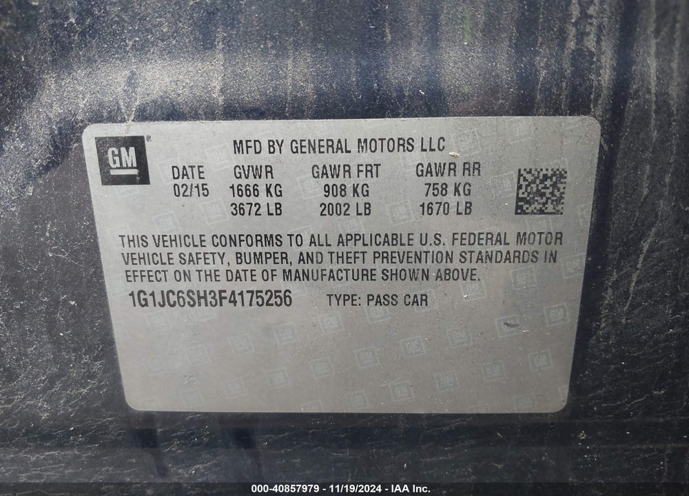 2015 CHEVROLET SONIC LT AUTO VIN: 1G1JC6SH3F4175256