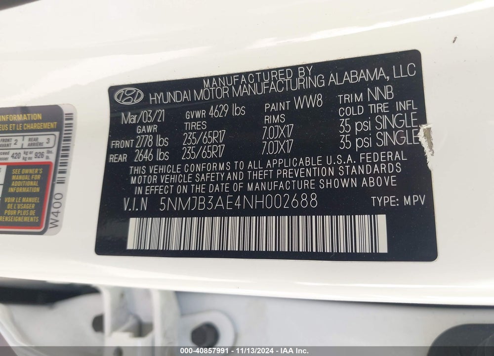 2022 HYUNDAI TUCSON SEL VIN: 5NMJB3AE4NH002688