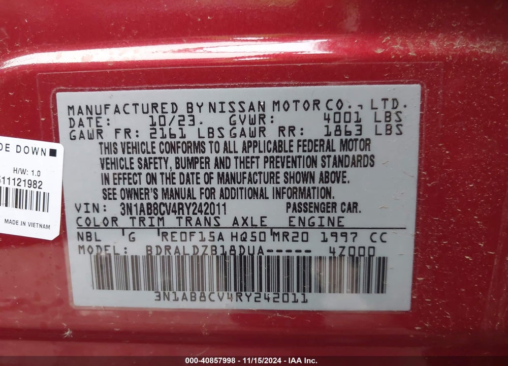 2024 NISSAN SENTRA SV XTRONIC CVT VIN: 3N1AB8CV4RY242011