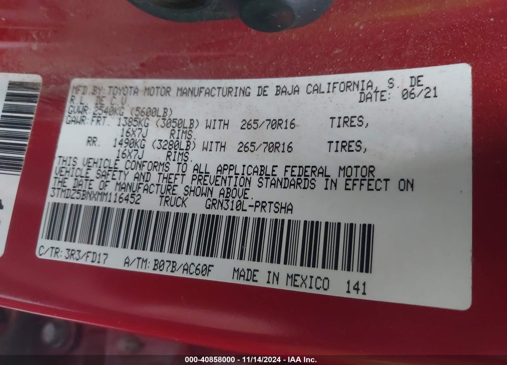 2021 TOYOTA TACOMA VIN: 3TMDZ5BNXMM116452