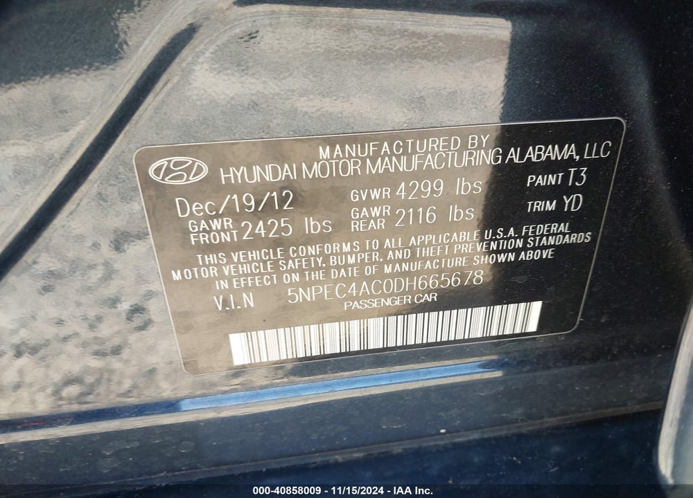 2013 HYUNDAI SONATA VIN: 5NPEC4AC0DH665678