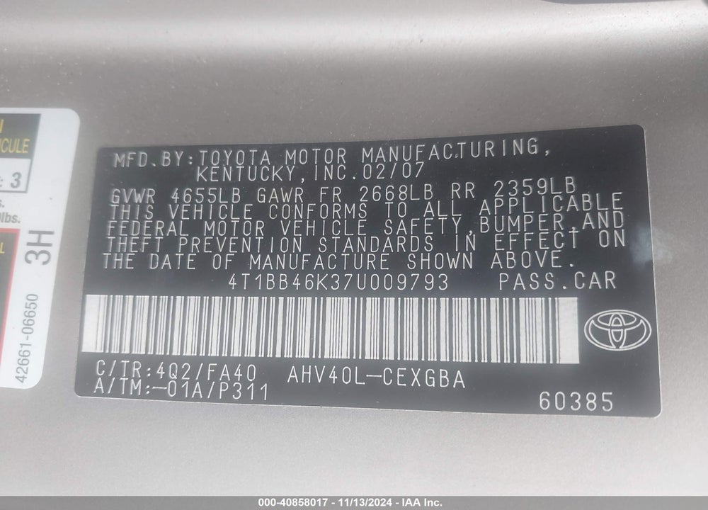 2007 TOYOTA CAMRY HYBRID VIN: 4T1BB46K37U009793