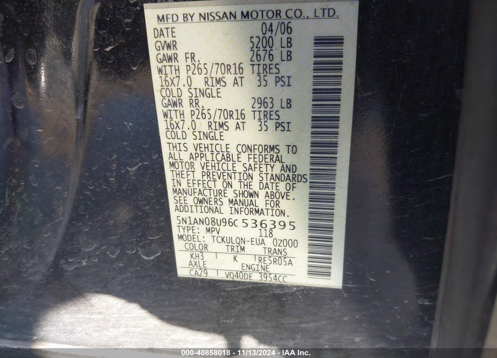 2006 NISSAN XTERRA X VIN: 5N1AN08U96C536395