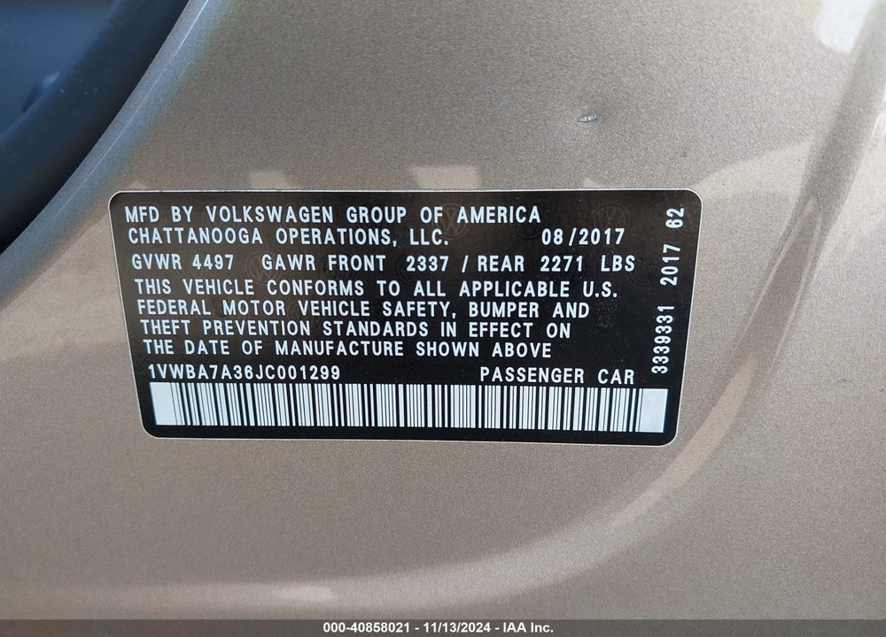 2018 VOLKSWAGEN PASSAT 2.0T SE VIN: 1VWBA7A36JC001299
