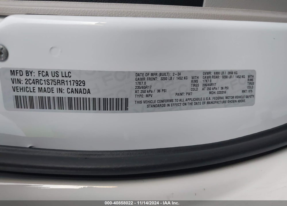 2024 CHRYSLER PACIFICA HYBRID SELECT VIN: 2C4RC1S75RR117929