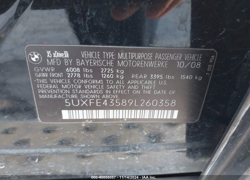 2009 BMW X5 VIN: 5UXFE43589L260358