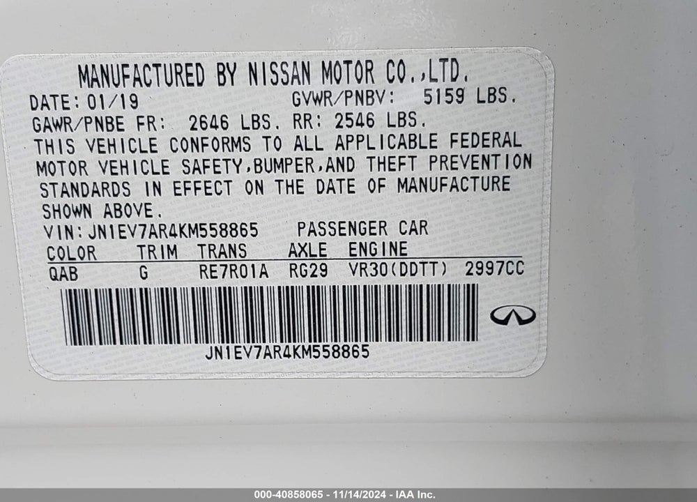 2019 INFINITI Q50 3.0T LUXE VIN: JN1EV7AR4KM558865