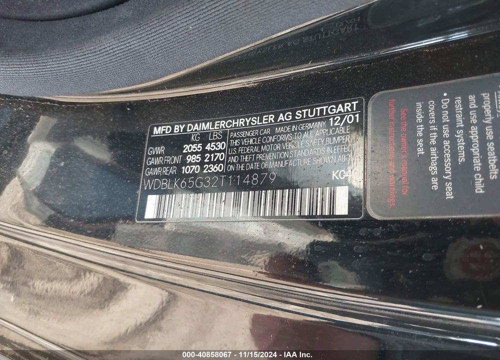 2002 MERCEDES-BENZ CLK 320 VIN: WDBLK65G32T114879