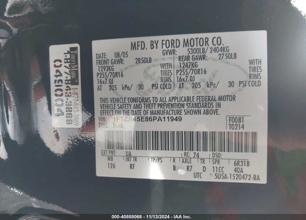 2006 FORD RANGER VIN: 1FTZR45E86PA11949