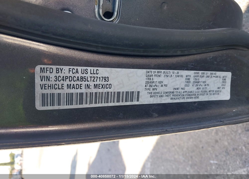 2020 DODGE JOURNEY SE VALUE VIN: 3C4PDCAB5LT271793