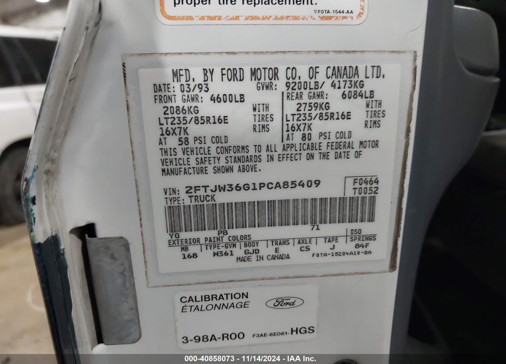 1993 FORD F350 VIN: 2FTJW36G1PCA85409