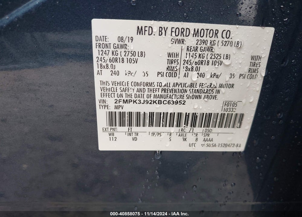 2019 FORD EDGE SEL VIN: 2FMPK3J92KBC63952
