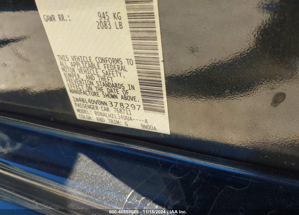 2022 NISSAN ALTIMA SV FWD VIN: 1N4BL4DV0NN378297