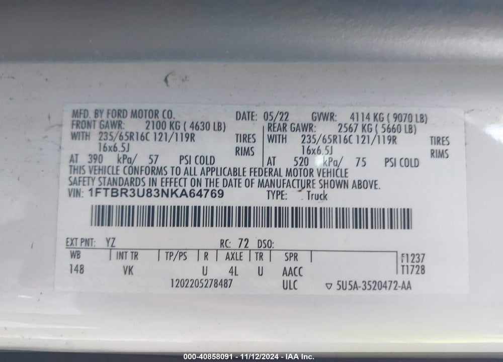 2022 FORD TRANSIT-250 CARGO VAN VIN: 1FTBR3U83NKA64769