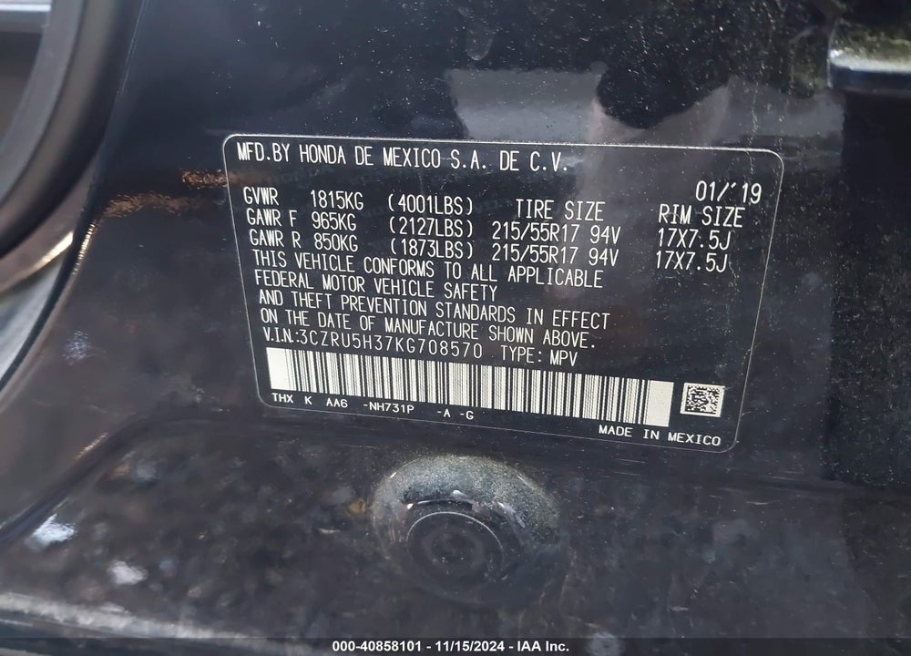 2019 HONDA HR-V LX VIN: 3CZRU5H37KG708570