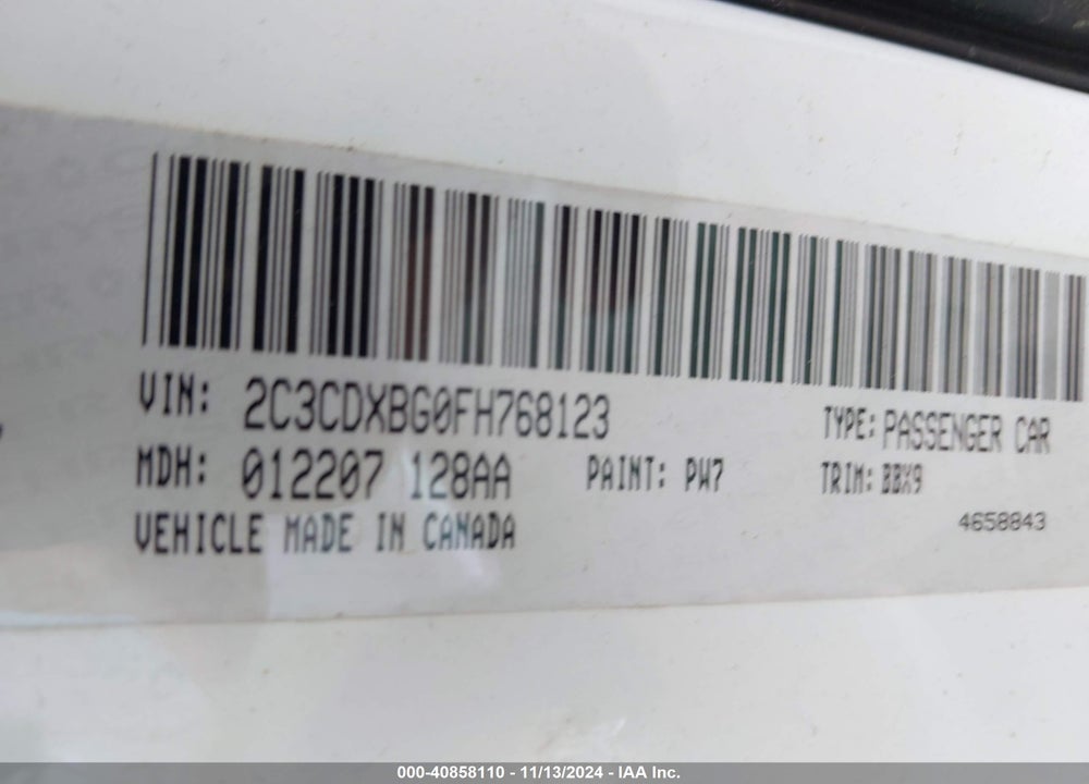 2015 DODGE CHARGER SE VIN: 2C3CDXBG0FH768123