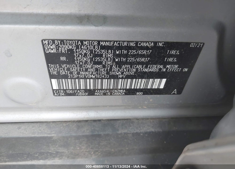 2021 TOYOTA RAV4 XLE VIN: 2T3P1RFV0MW182433