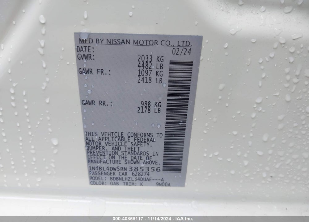 2024 NISSAN ALTIMA SV INTELLIGENT AWD VIN: 1N4BL4DW5RN385356