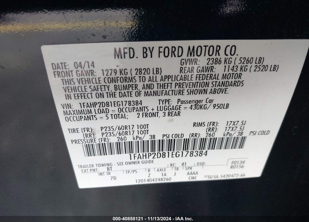 2014 FORD TAURUS SE VIN: 1FAHP2D81EG178384