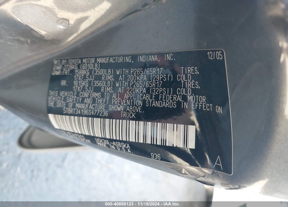 2006 TOYOTA TUNDRA SR5 V8 VIN: 5TBRT34196S477236