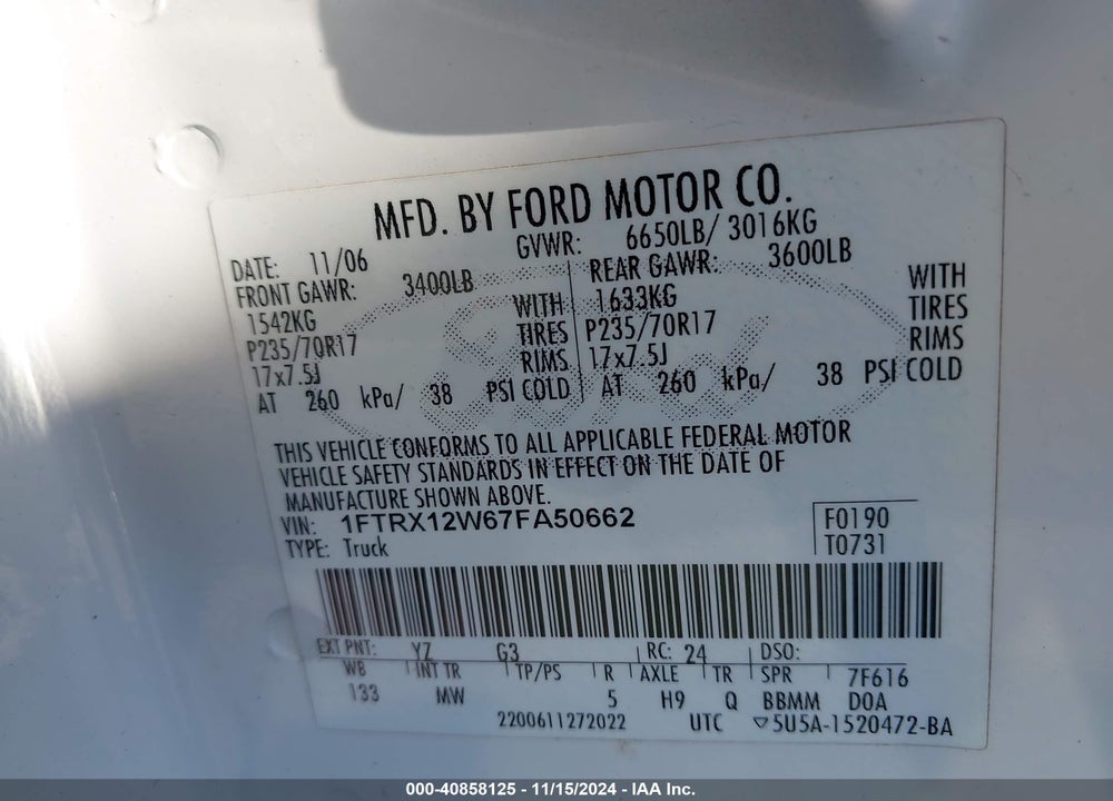 2007 FORD F150 VIN: 1FTRX12W67FA50662