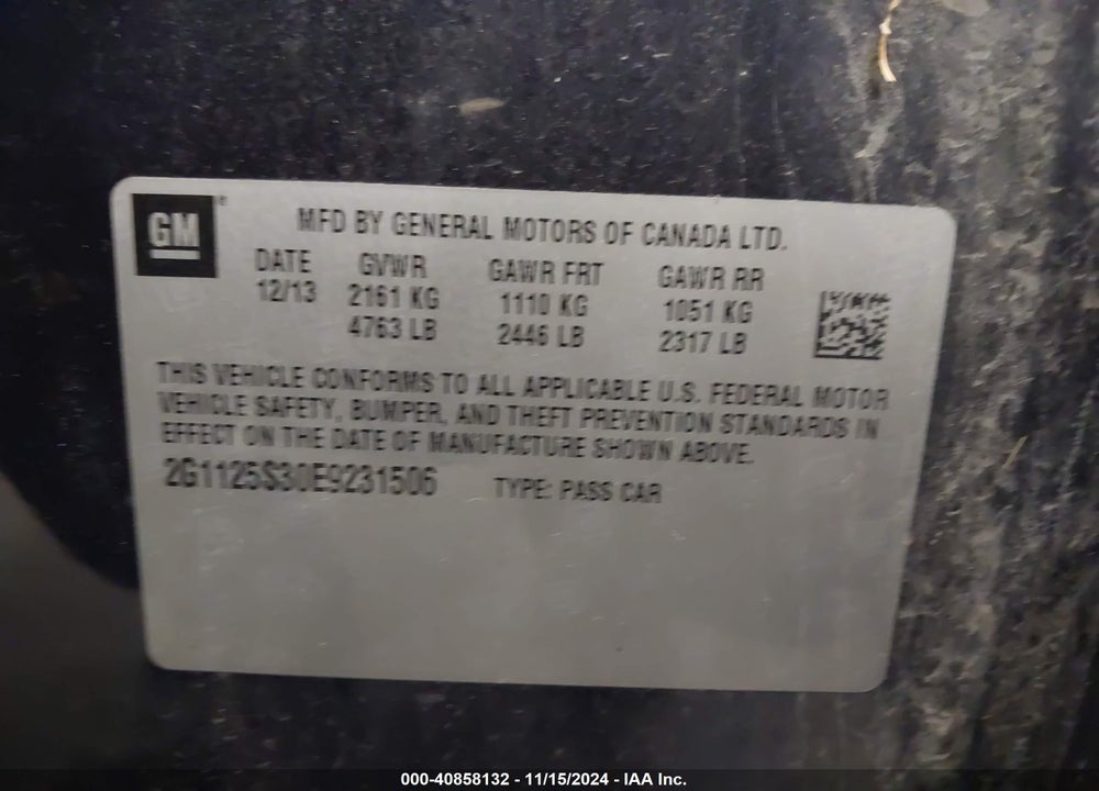 2014 CHEVROLET IMPALA 2LT VIN: 2G1125S30E9231506
