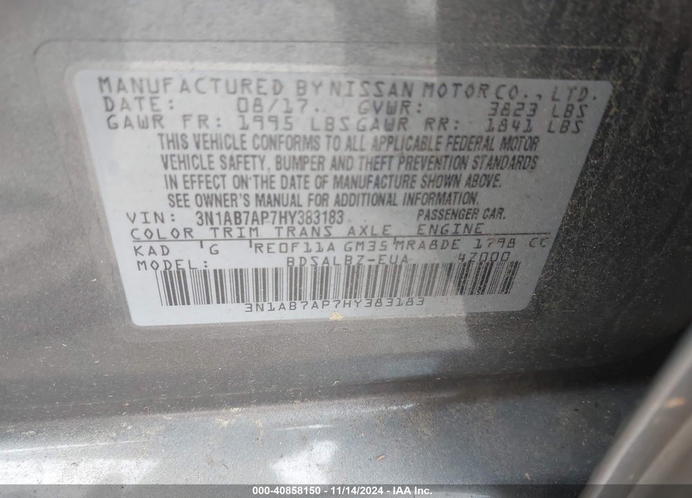 2017 NISSAN SENTRA S VIN: 3N1AB7AP7HY383183