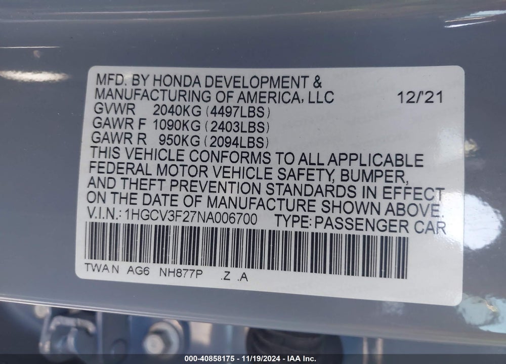 2022 HONDA ACCORD HYBRID SPORT VIN: 1HGCV3F27NA006700