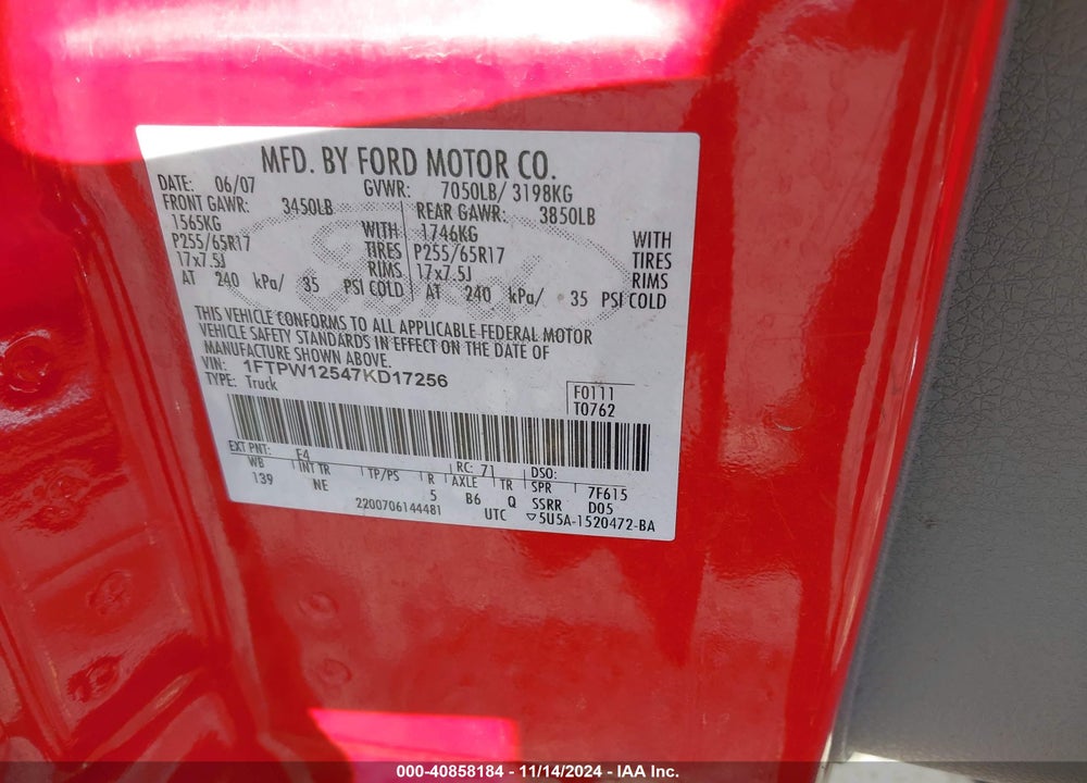 2007 FORD F-150 LARIAT/XLT VIN: 1FTPW12547KD17256