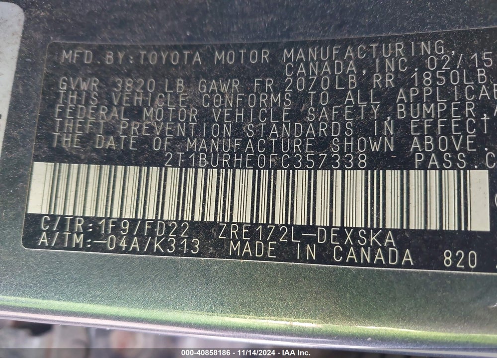 2015 TOYOTA COROLLA L/LE/LE PLS/PRM/S/S PLS VIN: 2T1BURHE0FC357338