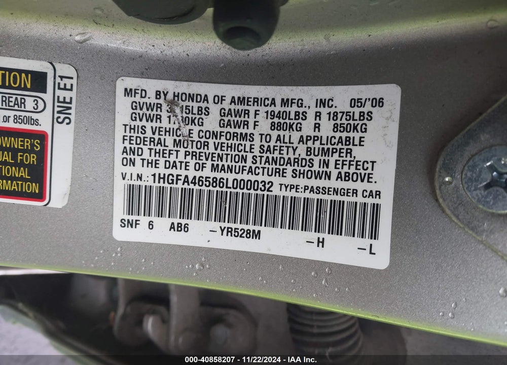 2006 HONDA CIVIC GX VIN: 1HGFA46586L000032