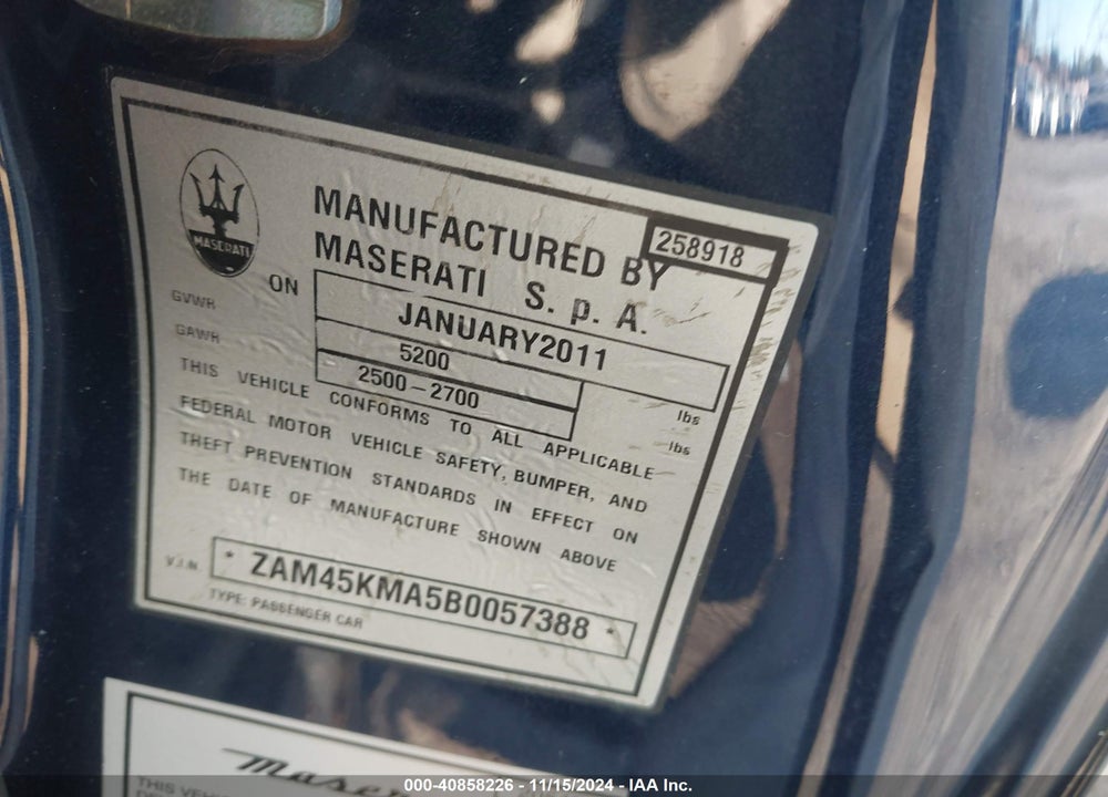 2011 MASERATI GRANTURISMO VIN: ZAM45KMA5B0057388