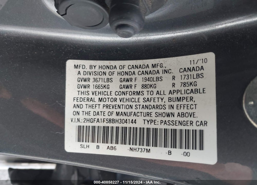 2011 HONDA CIVIC LX VIN: 2HGFA1F58BH304144