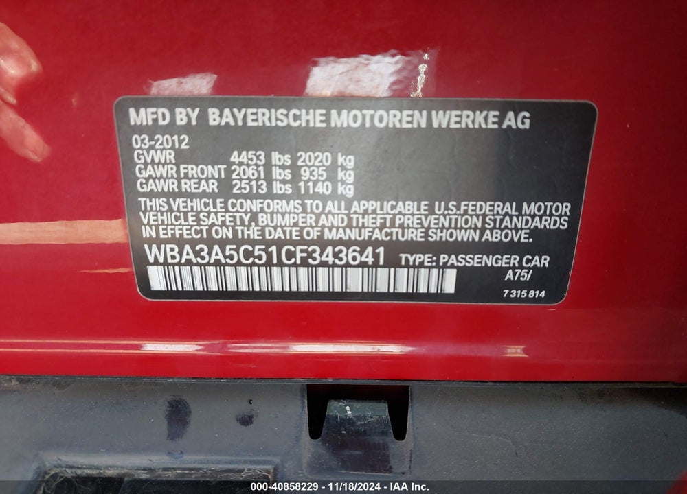 2012 BMW 328I VIN: WBA3A5C51CF343641