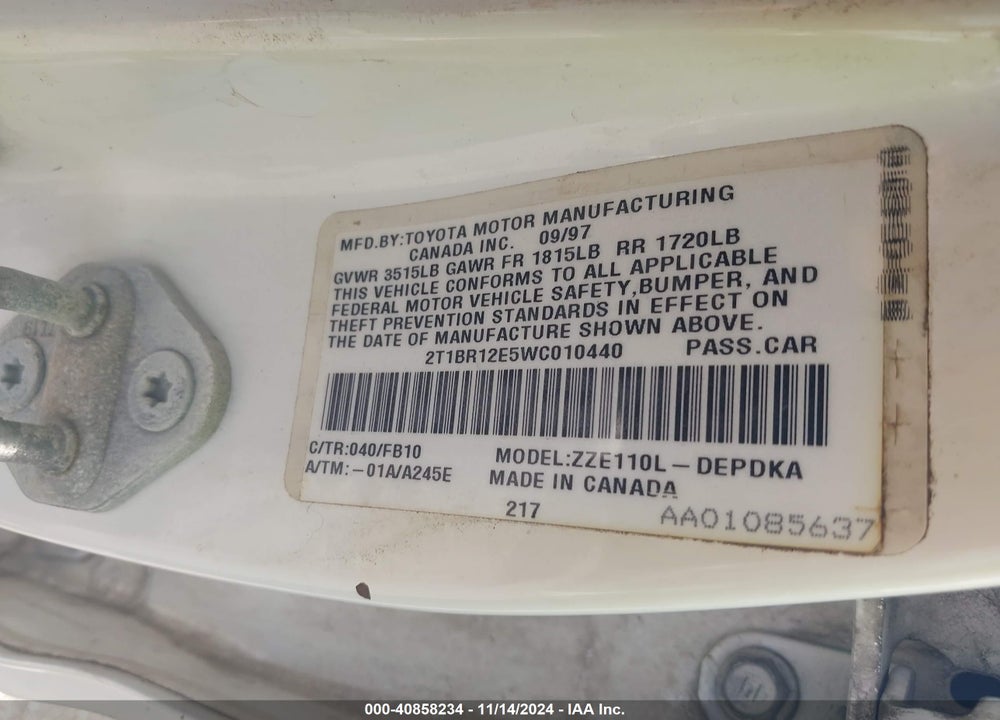 1998 TOYOTA COROLLA CE VIN: 2T1BR12E5WC010440