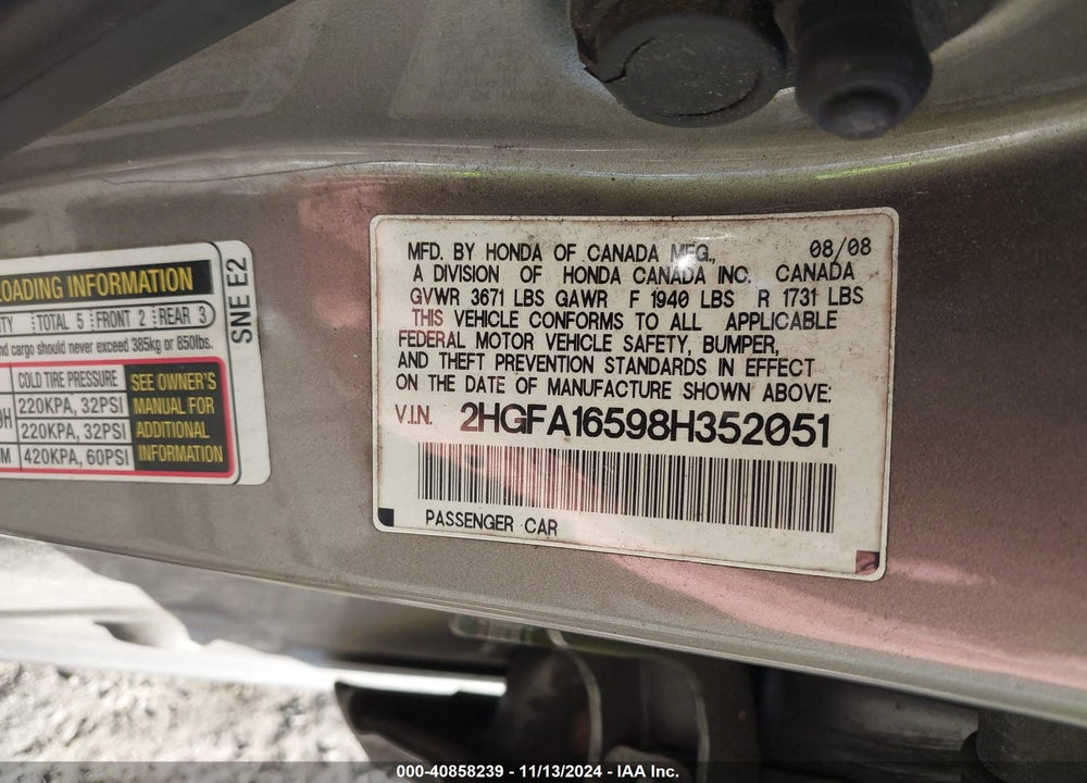 2008 HONDA CIVIC LX VIN: 2HGFA16598H352051