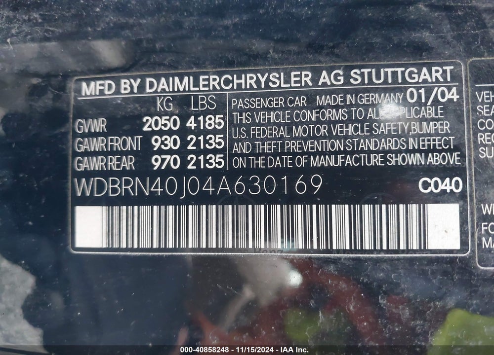 2004 MERCEDES-BENZ C-CLASS 1.8L VIN: WDBRN40J04A630169