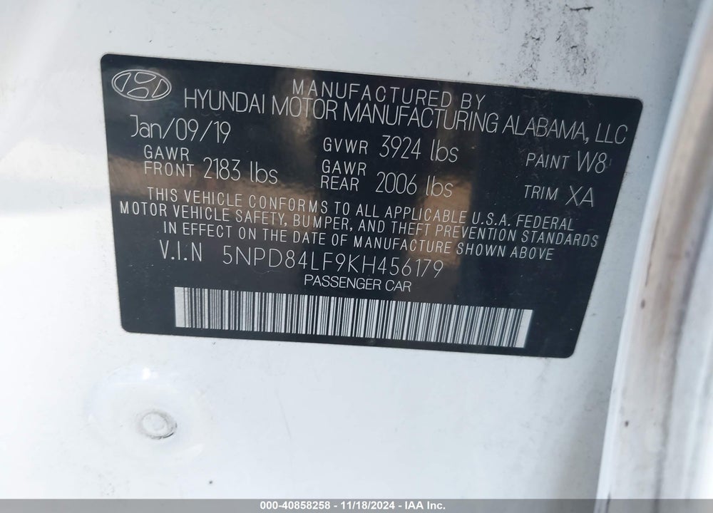 2019 HYUNDAI ELANTRA SEL VIN: 5NPD84LF9KH456179