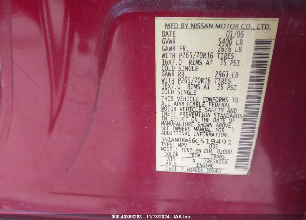 2006 NISSAN XTERRA S VIN: 5N1AN08W66C519491