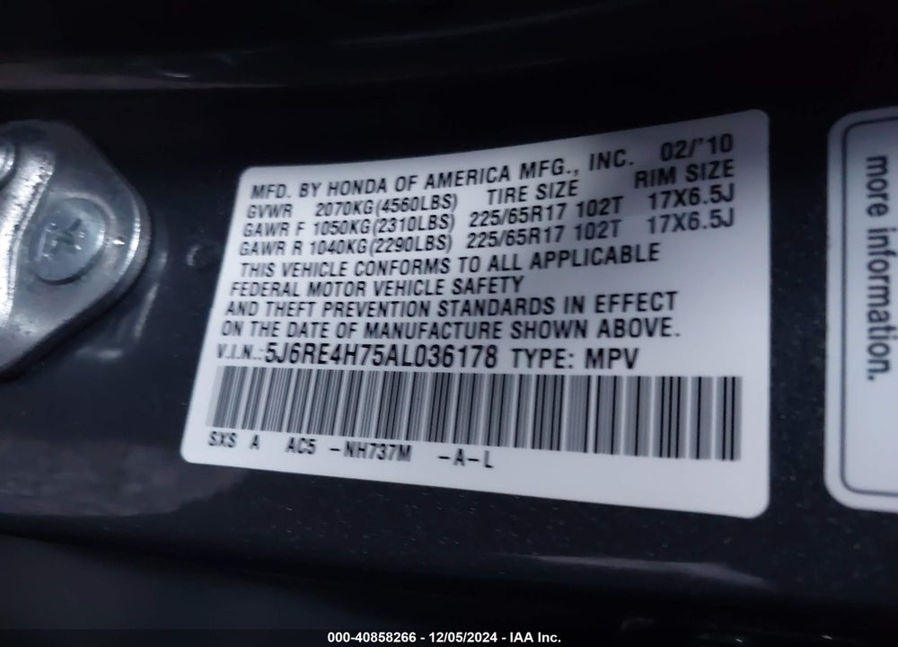 2010 HONDA CR-V EX-L VIN: 5J6RE4H75AL036178